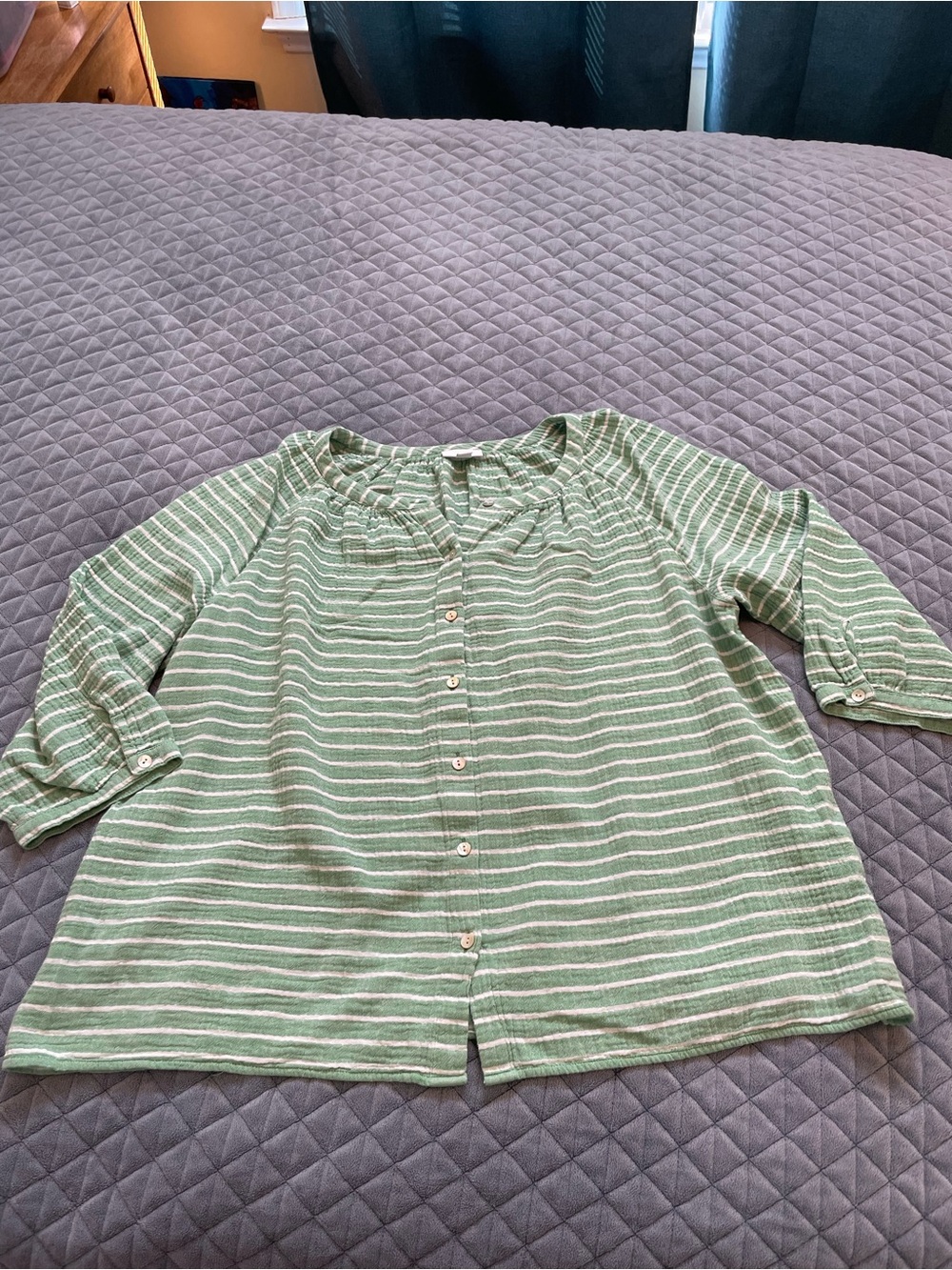 J Jill gauze Green Striped Button-Front top 3/4 sleeve cotton - Picture 5 of 10